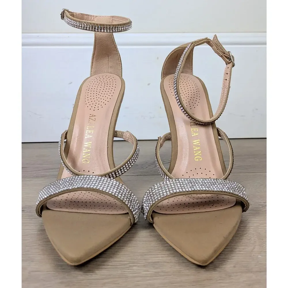 Azalea Wang Galaxy Heels 6 Nude Strappy Rhinestone Wrapped Stiletto Dressy NEW